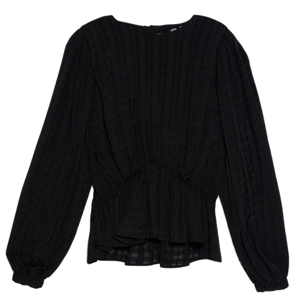 Zara Black Long Sleeve Blouse Semi Sheer Plaid Print